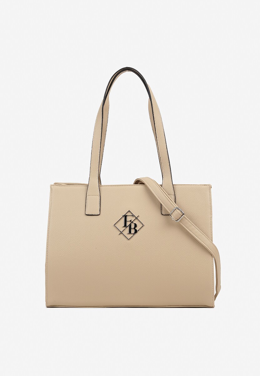 Beżowo-Szara Torebka w Stylu Shopperki  Ozdobione Metaliczną Aplikacją Honevia