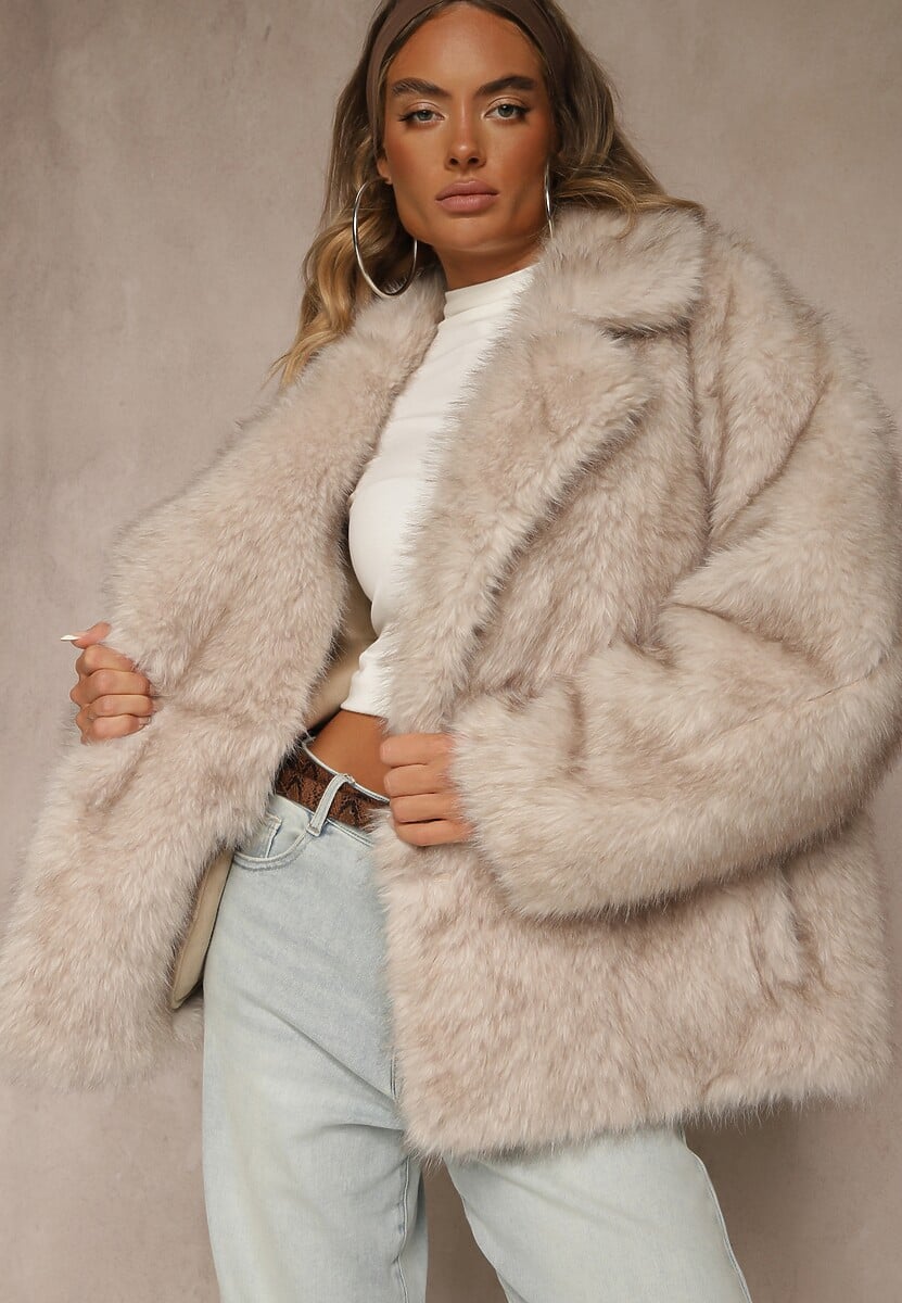 Brązowa Oversizowa Kurtka Futerko o Dwurzędowym Kroju Asonella