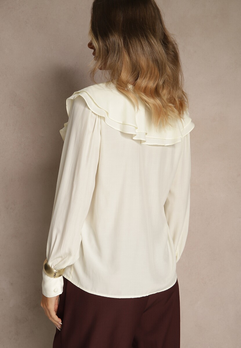 Jasnobeżowa Koszula Vices z Dekoltem z Falbanami i Bufiastymi Rękawami Zoiruna