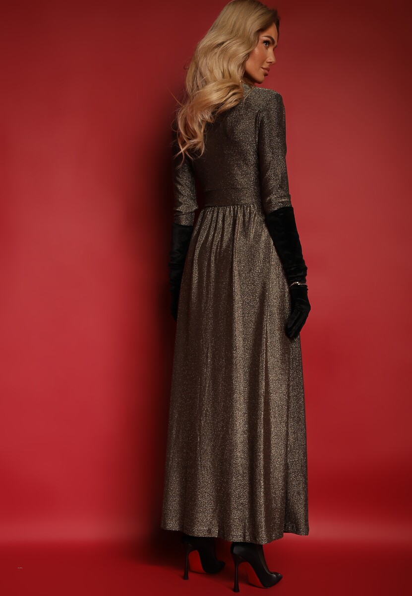 Złota Kopertowa Sukienka z Wiskozą i Metaliczną Nicią Temirisse