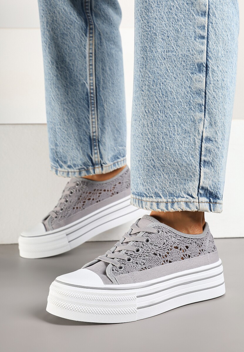 Szare Ażurowe Trampki na Platformie Felenna