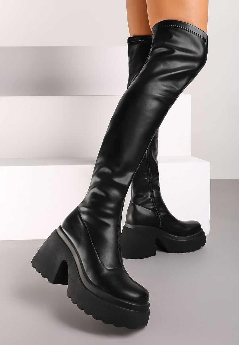 Czarne Kozaki na Platformie i Słupku z Dopasowaną Cholewką za Kolano Geniefra