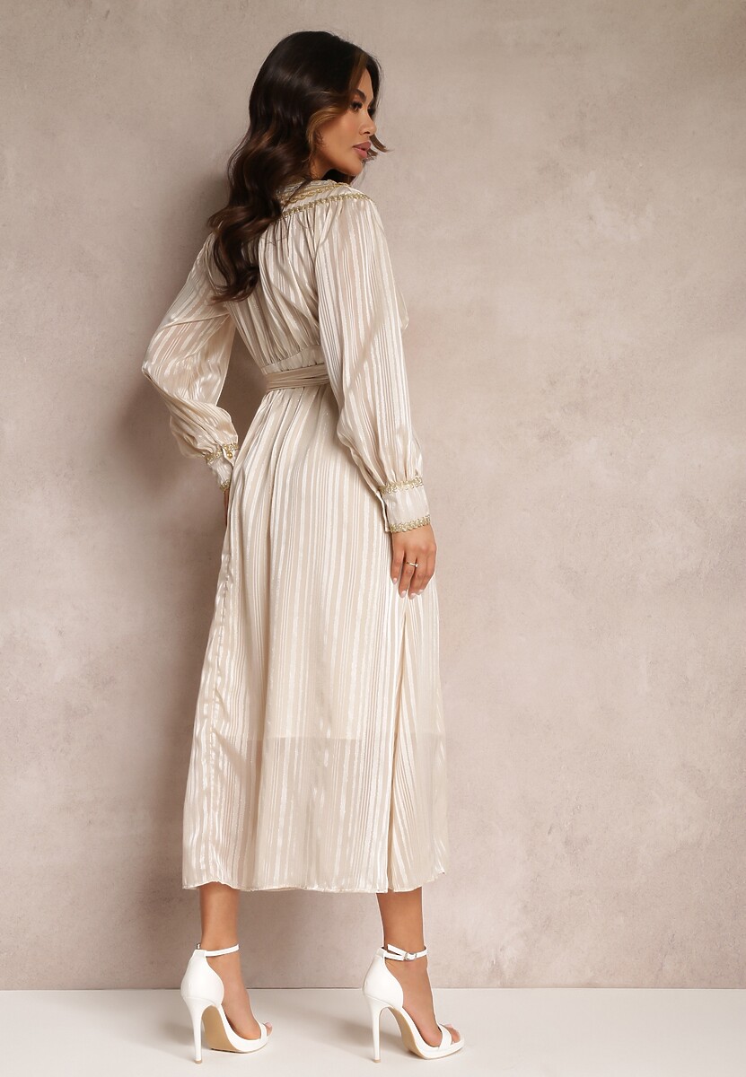 Beżowa Metaliczna Sukienka z Ozdobnym Dekoltem i Paskiem Adyson