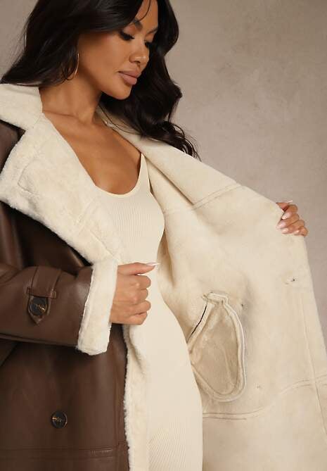 Brązowy Dwurzędowy Płaszcz Oversize z Imitacji Skóry i Futerkiem Vess