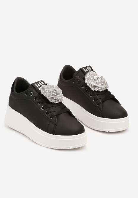 Czarno-Srebrne Sneakersy na Platformie z Aplikacją Kwiatu 3D z Cyrkoniami Navilda