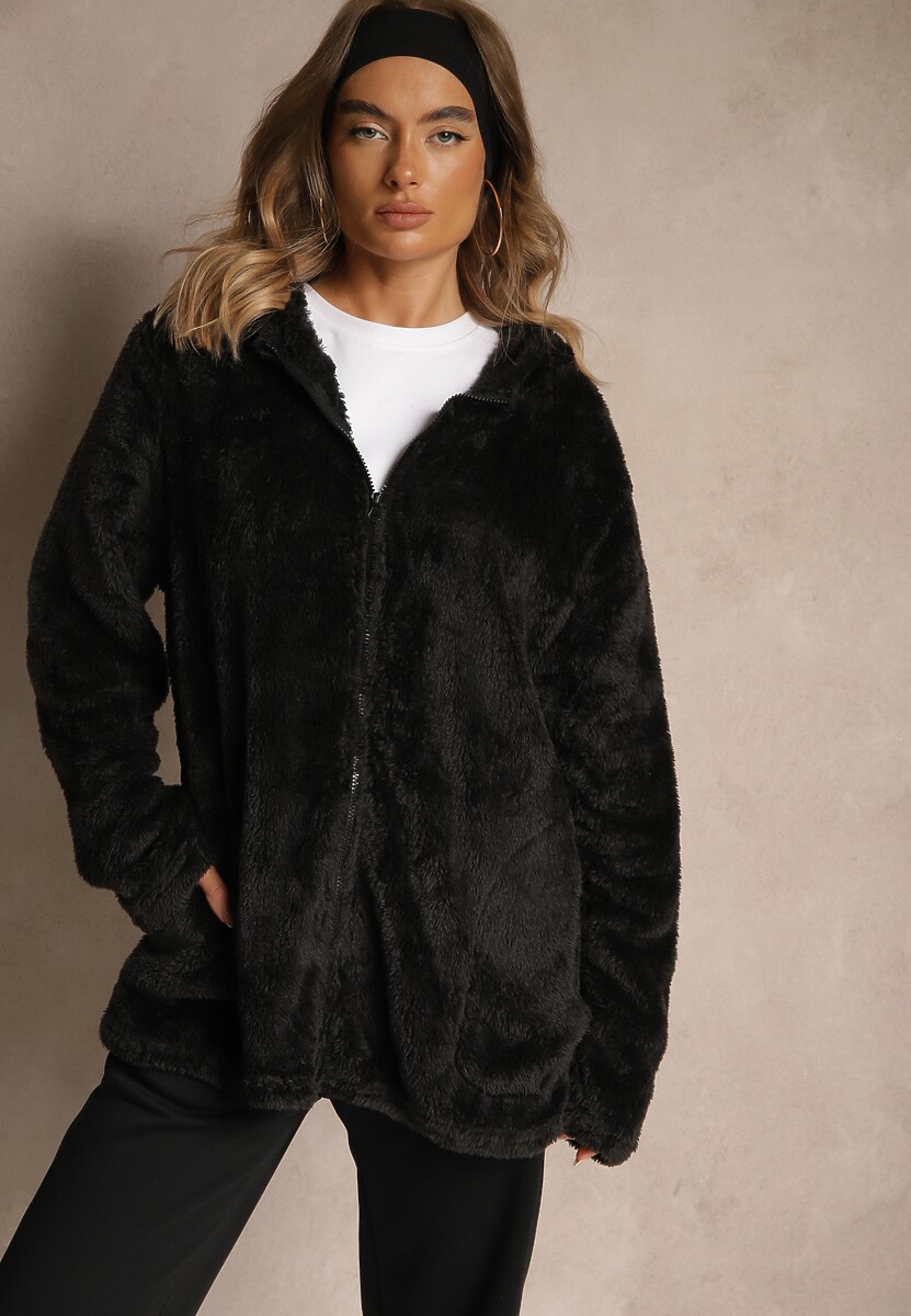 Beżowa Bluza Futerko na Suwak z Kapturem Talatila