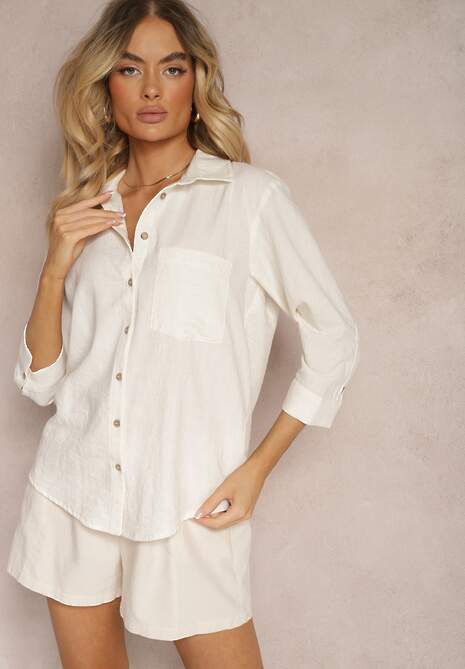 Jasnobeżowa Klasyczna Koszula Ozdobiona Kieszenią Zapinana na Guziki z Rękawem 3/4 Nestade