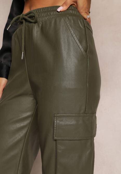 Ciemnozielone Szerokie Spodnie w Stylu Cargo z Kieszeniami na Klapy Mixana