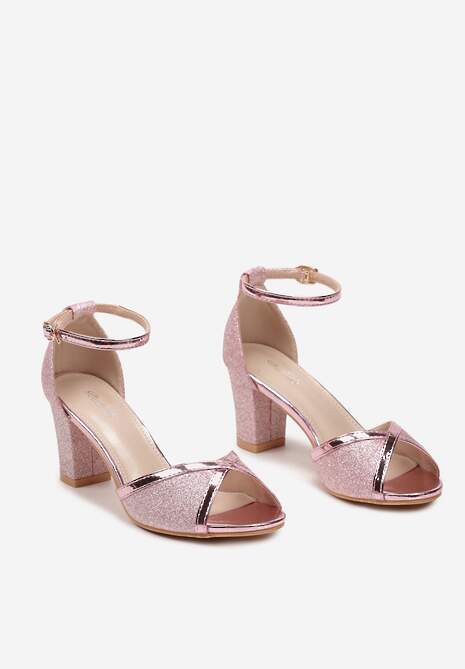 Różowe Brokatowe Sandały ze Sprzączką na Słupku z Metalicznymi Wstawkami Alpireva