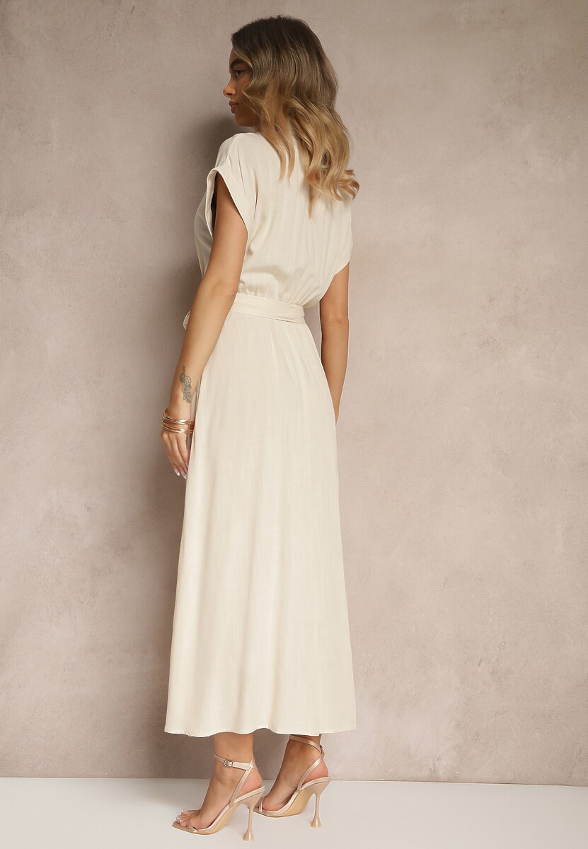 Beżowa Koszulowa Sukienka z Wiskozy z Paskiem Rinaira