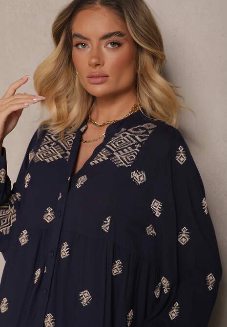 Niebieska Rozkloszowana Sukienka Ozdobiona Haftem i Wzorem Boho Ronavere