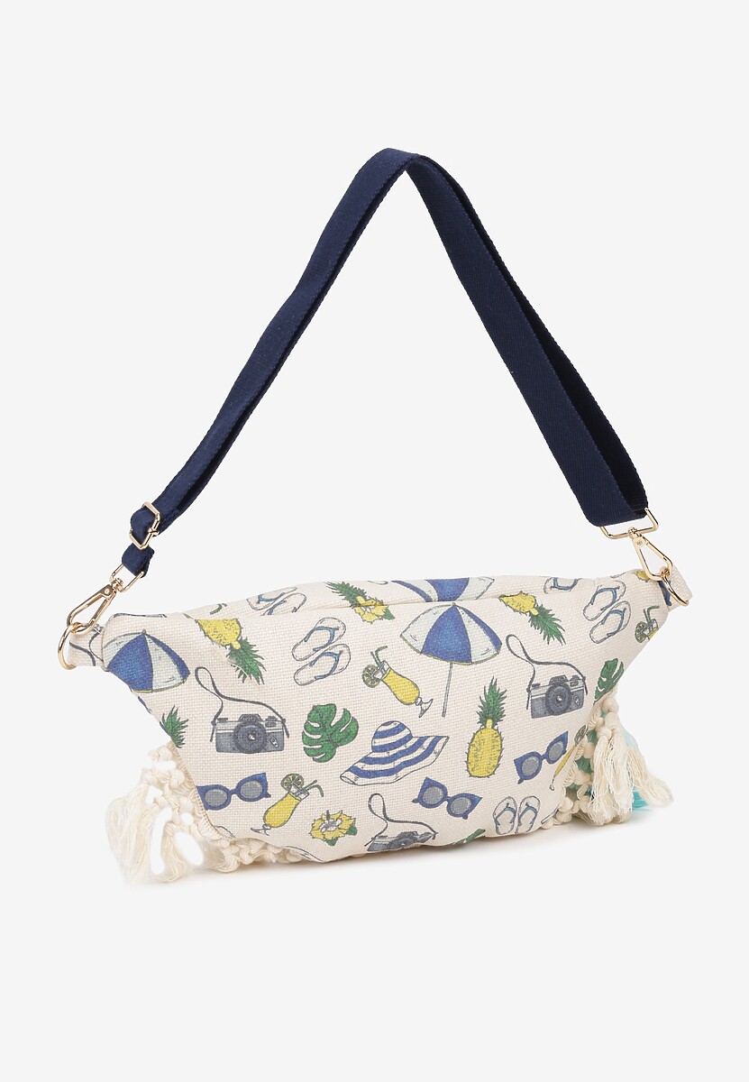 Beżowo-Granatowa Nerka z Dodatkową Kieszonką Wewnątrz Ozdobiona Frędzlami Humubia