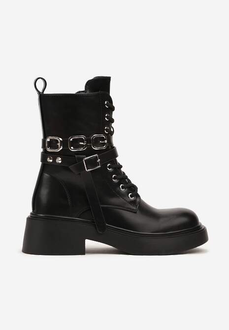 Czarne Motocyklowe Botki Workery Zdobione Klamrą i Łańcuszkiem przy Cholewce Alleona