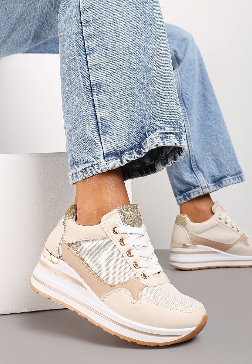 Beżowe Sneakersy na Niskiej Platformie ze Wstawkami Brokatowymi Gwenoa