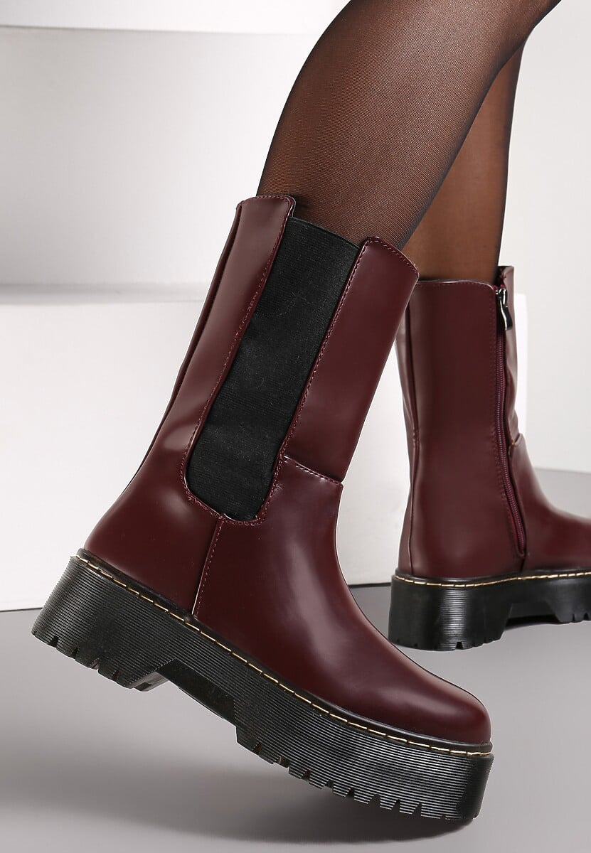 Bordowe Botki na Grubej Podeszwie Howon