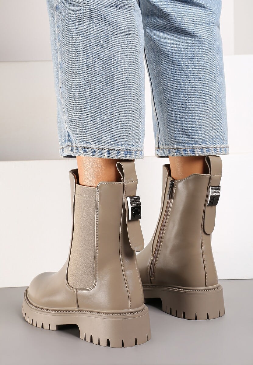 Beżowo-Szare Botki Sztyblety na Platformie Ozdobionej Tłoczeniem z Gumką Naritana