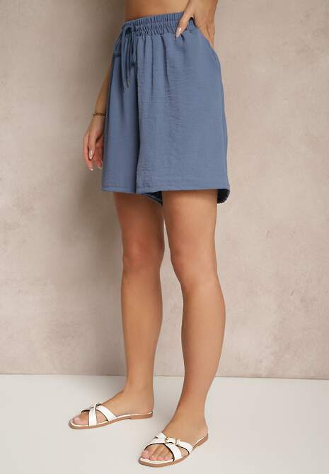 Granatowe Szorty z Wiskozą High Waist Puvione