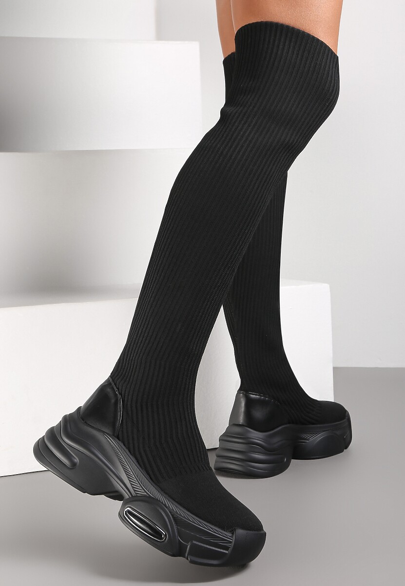 Czarne Kozaki z Elastyczną Prążkowaną Cholewką za Kolano Phoimia