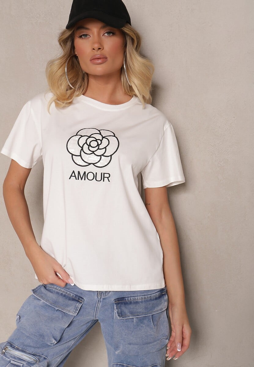 Czarna Bawełniana Bluzka Ozdobiona Napisem i Haftem Nalanith