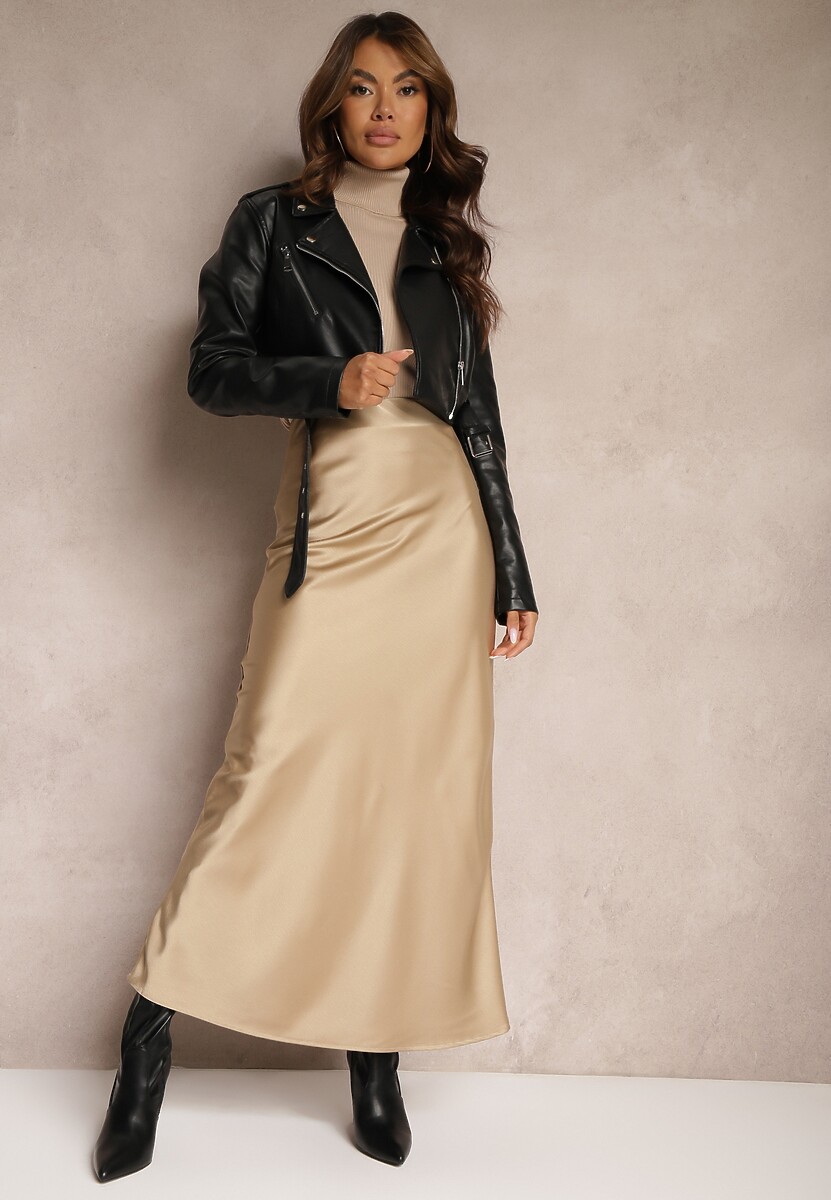 Jasnobeżowa Satynowa Spódnica Maxi High Waist Formia