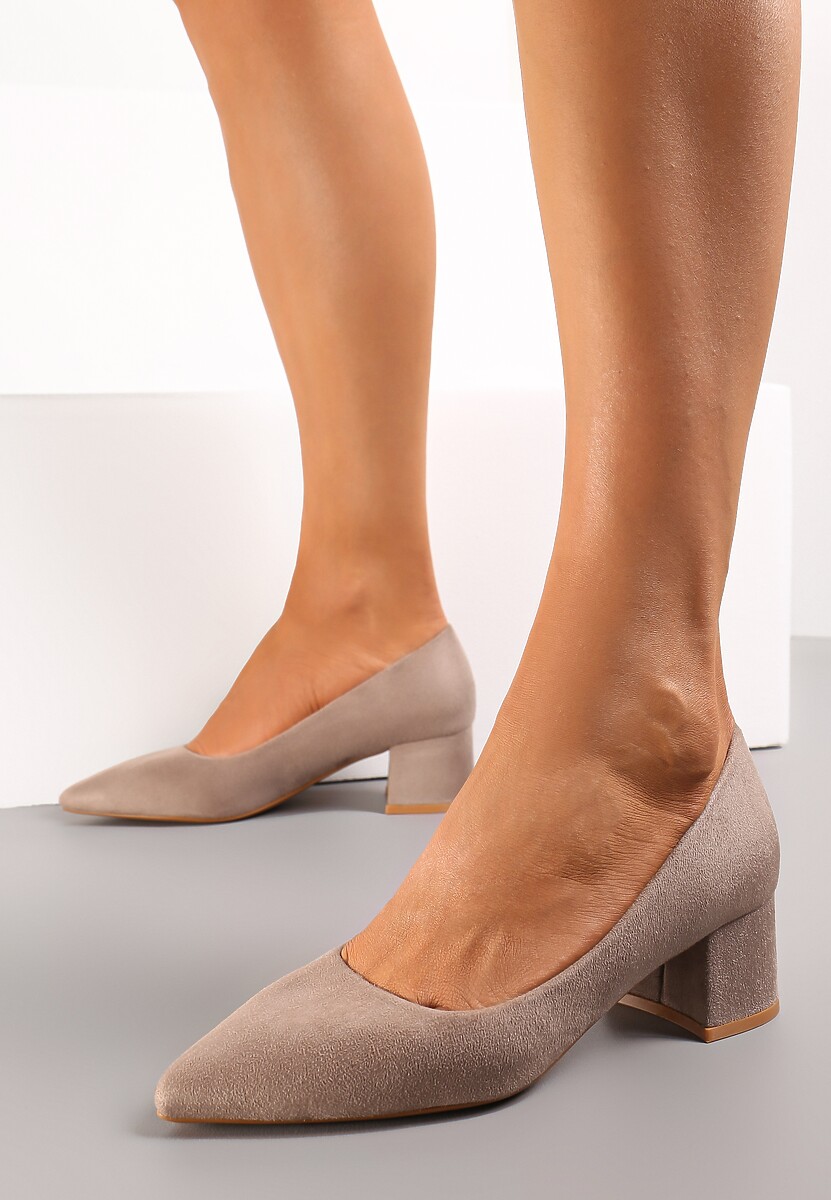 Ciemnobeżowe Czółenka z Imitacji Zamszu na Niskim Słupku Rahal