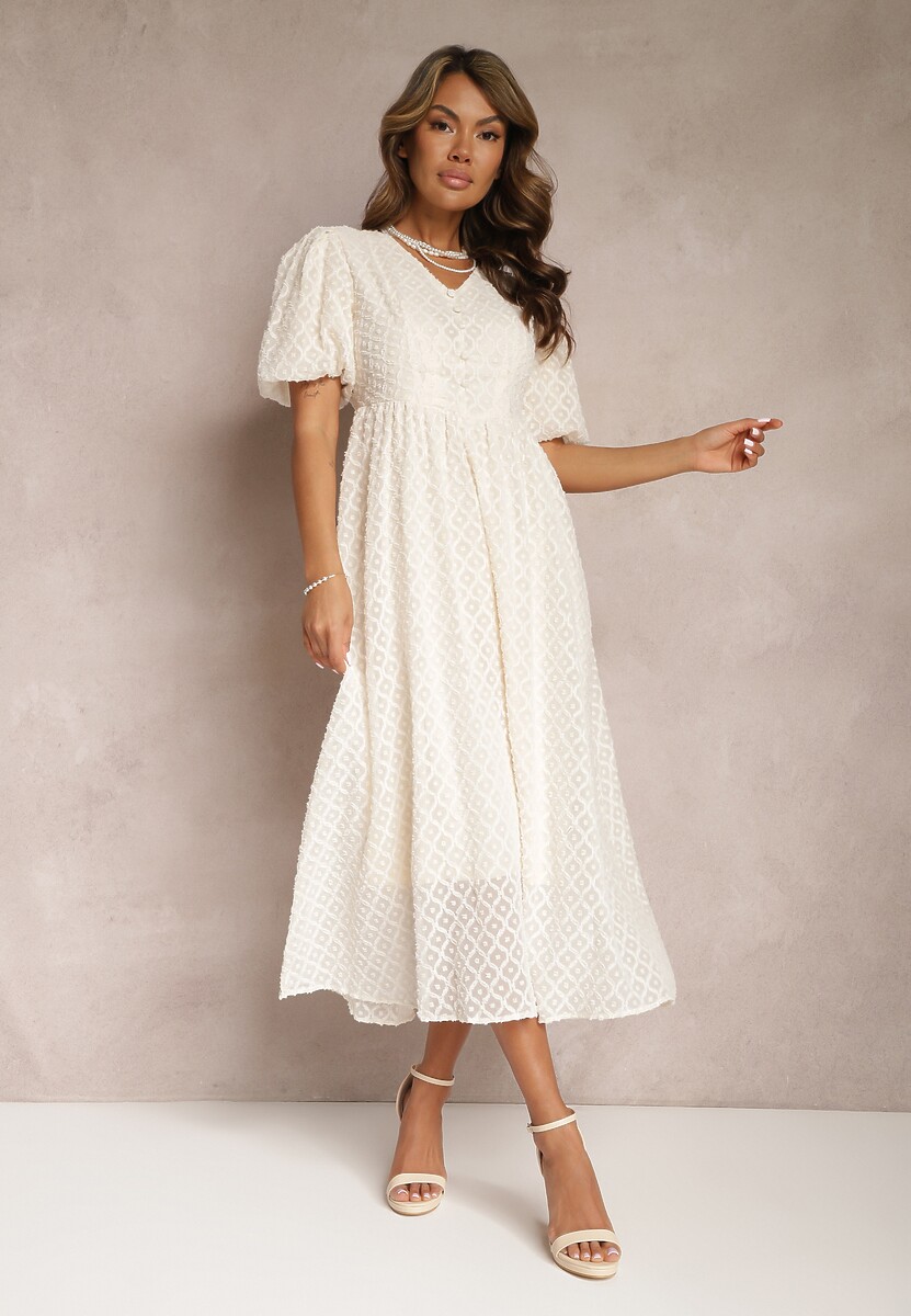 Biała Rozkloszowana Sukienka Haftowana Maxi z Krótkim Rękawem Garneta