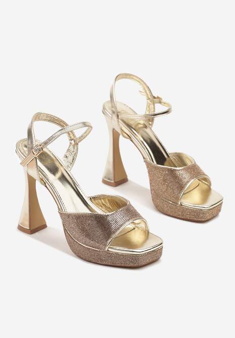 Złote Sandały na Stożku i Platformie Ozdobione Cyrkoniami Varnell