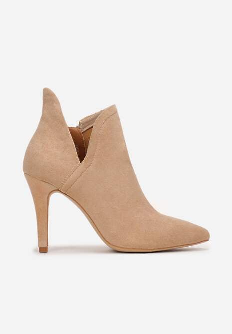 Ciemnobeżowe Botki na Szpilce z Wyciętym Bokiem Legu