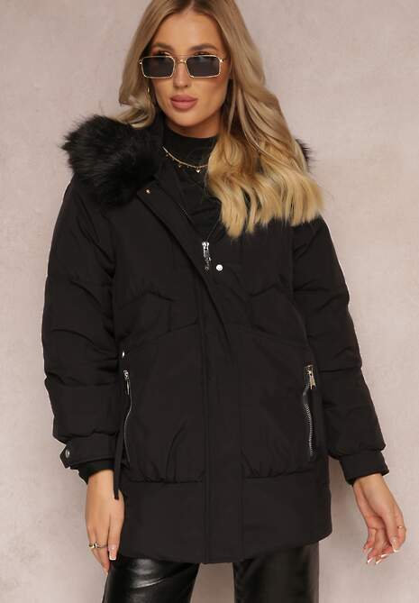Czarna Kurtka z Kapturem i Futerkiem Mastasa