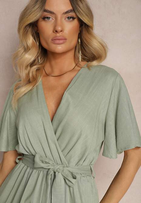 Ciemnozielony Kopertowy Kombinezon z Bawełny Wiązany w Talii Materiałowym Paskiem Vikly
