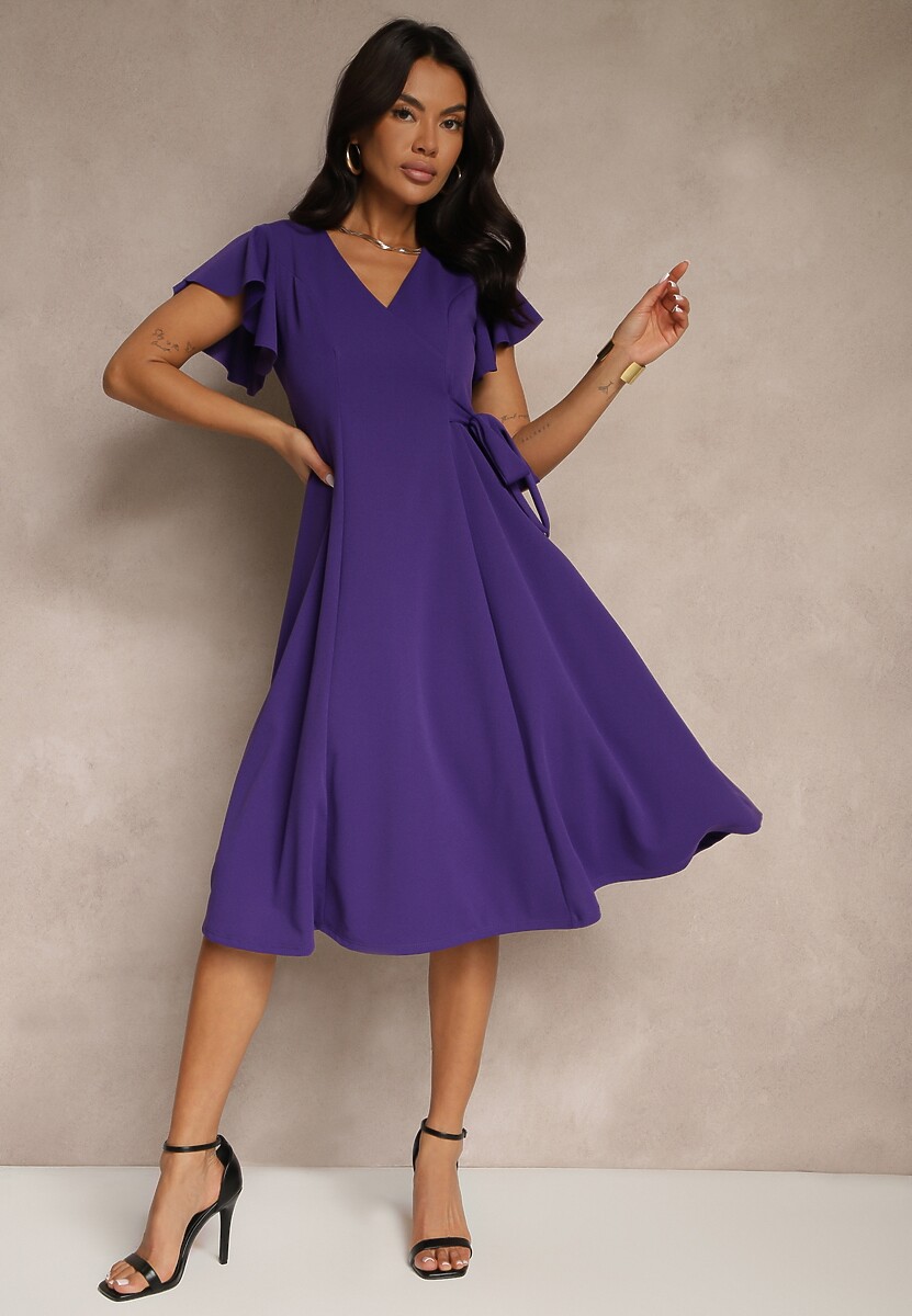 Beżowa Kopertowa Sukienka z Rozkloszowanym Dołem i Ozdobnym Wiązaniem Dannola