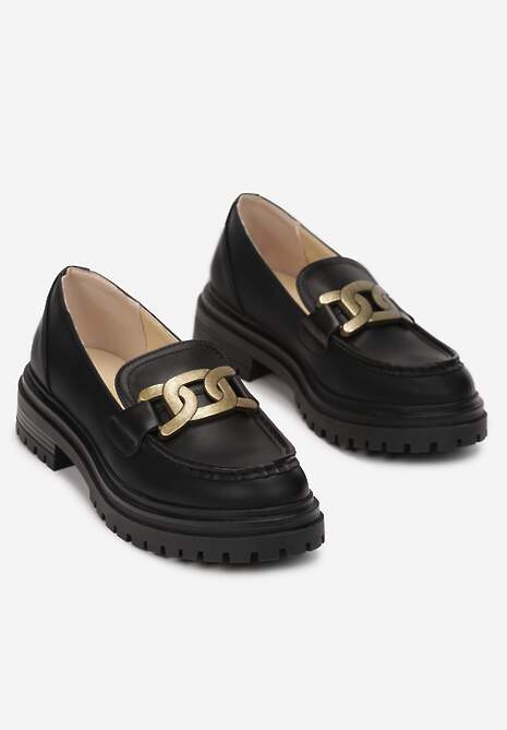 Czarne Mokasyny na Grubej Podeszwie z Metalową Ozdobą Cantia