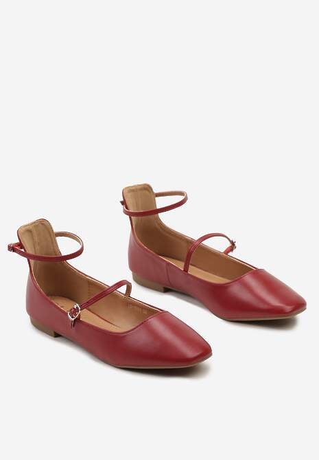 Bordowo-Czerwone Balerinki z Imitacji Skóry na Płaskiej Podeszwie z Dwiema Sprzączkami Rosalalia