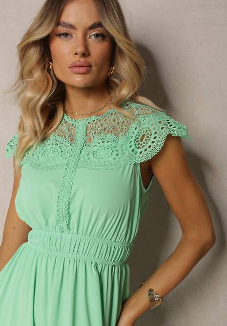 Zielona Rozkloszowana Sukienka Midi z Gumką w Talii i Koronkowym Dekoltem Panita