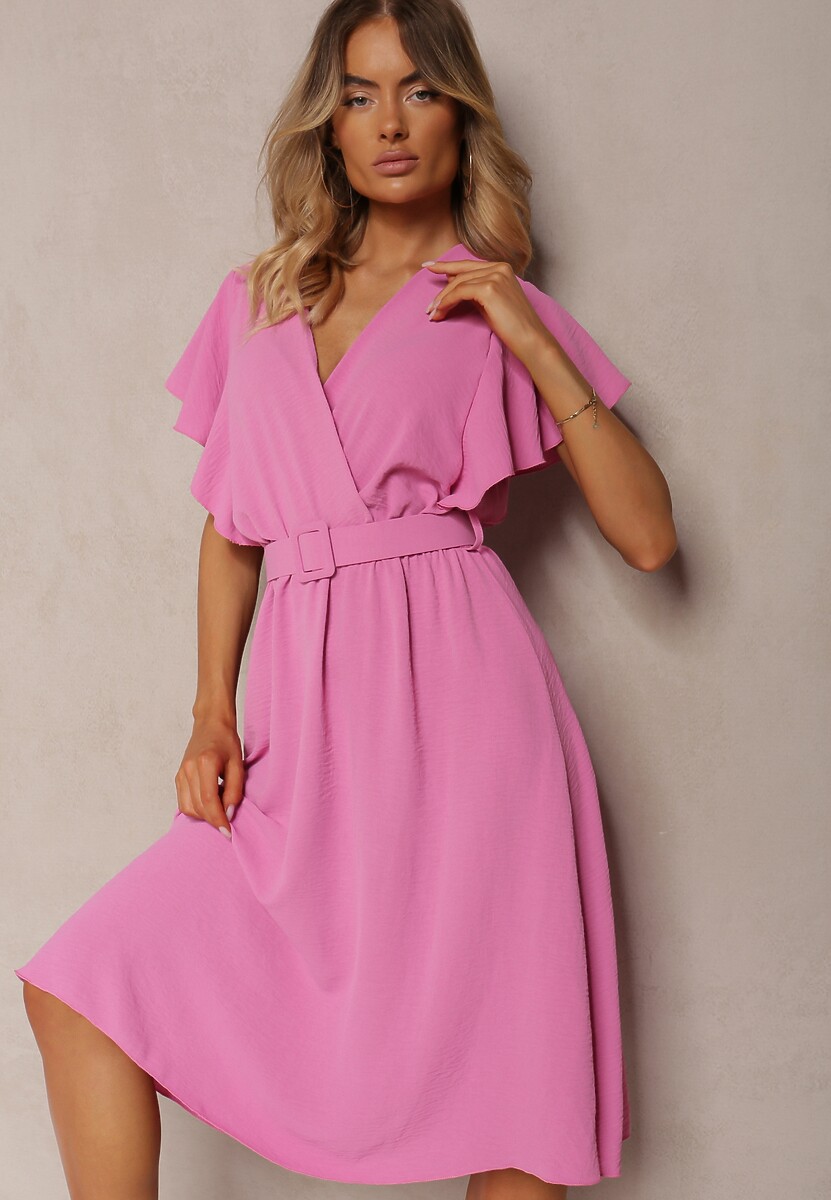 Niebieska Rozkloszowana Sukienka z Paskiem i Kopertowym Dekoltem Brinea