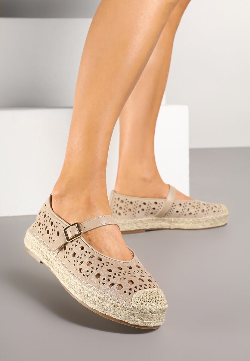 Beżowe Płaskie Espadryle z Plecionką i Ażurową Cholewką Aralithra