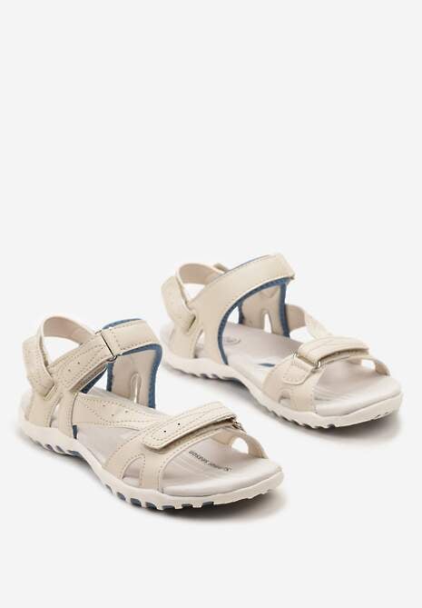Beżowo-Niebieskie Sportowe Sandały z Rzepami i Wkładką ze Skóry Naturalnej Marivea