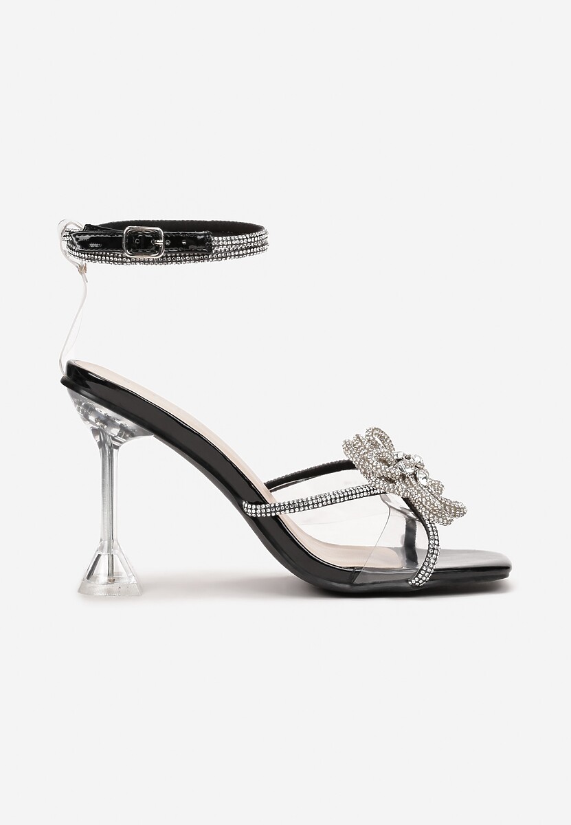 Czarne Sandały z Cyrkoniami na Transparentnej Szpilce Cezi