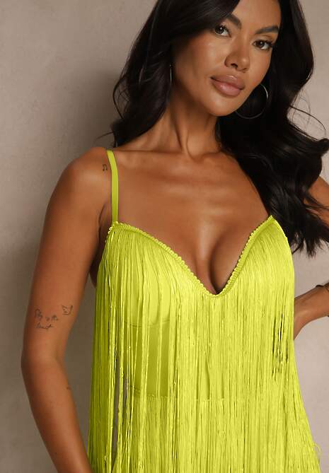 Zielony Kombinezon z Ozdobnymi Frędzlami i Cienkimi Ramiączkami Irintha