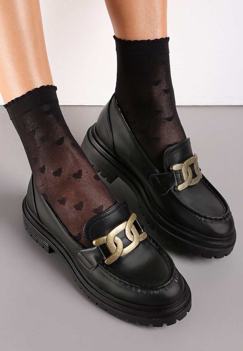 Czarne Mokasyny na Grubej Podeszwie z Metalową Ozdobą Cantia