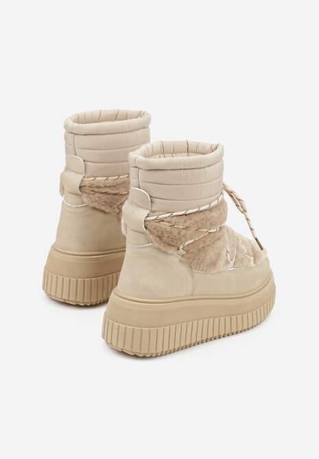 Ciemnobeżowe Śniegowce na Platformie z Tłoczeniem Ozdobione Futerkiem i Pikowaniem Adallie