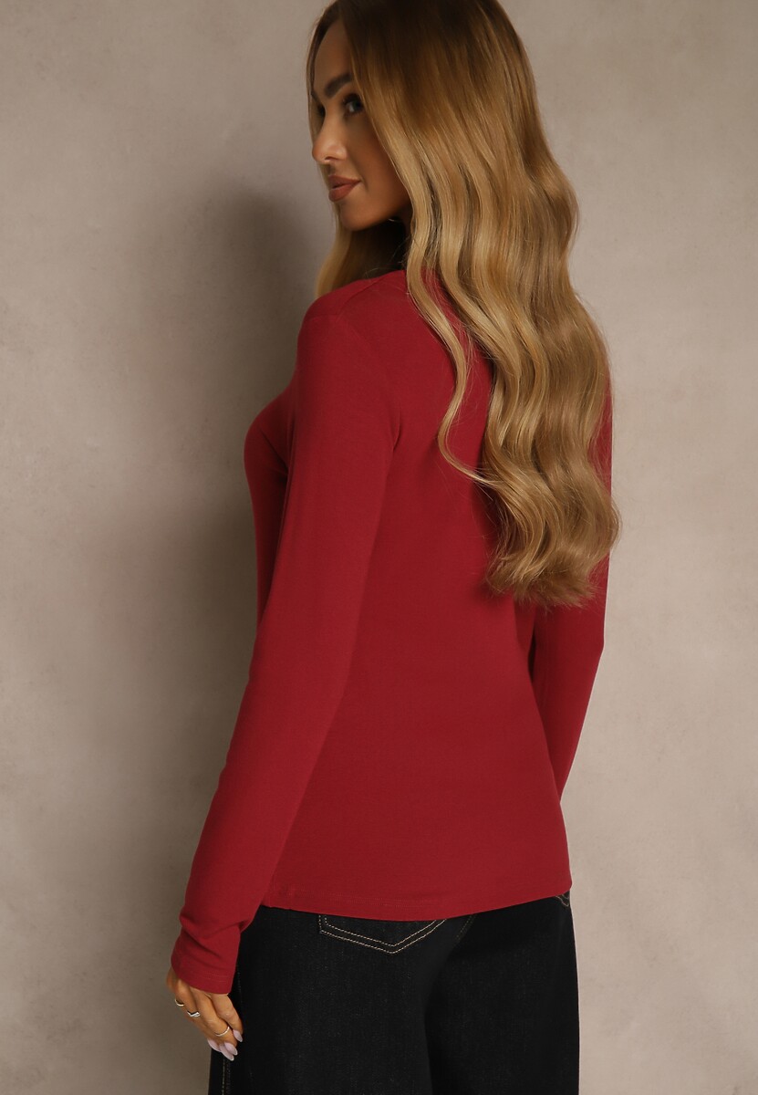 Bordowa Casualowa Bluzka Longsleeve z Okrągłym Dekoltem Unaladesa