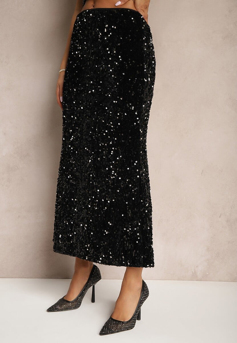 Czarna Koktajlowa Spódnica High Waist w Cekiny Melimi