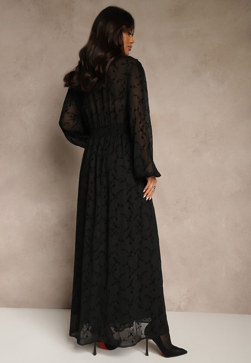 Czarna Rozkloszowana Sukienka z Siateczki w Kwiatowy Wzór Fezuna