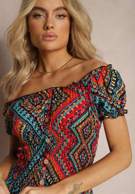 Czerwona Elastyczna Sukienka Boho z Hiszpańskim Dekoltem z Bawełny  Solphina