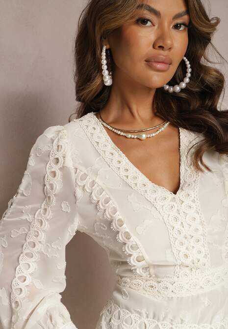 Jasnobeżowa Haftowana Sukienka Mini z Guzikami i Ażurowymi Wstawkami Albastra