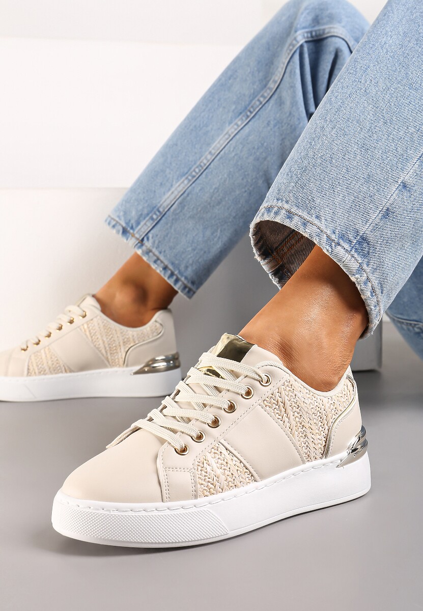Biało-Różowe Sznurowane Sneakersy z Ekoskóry z Plecionką i Metaliczną Wstawką Josephina
