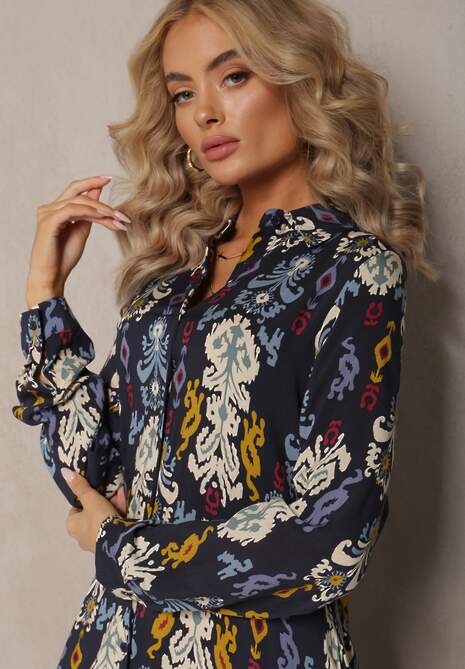 Granatowa Sukienka Koszulowa Rozkloszowana Zjarrta