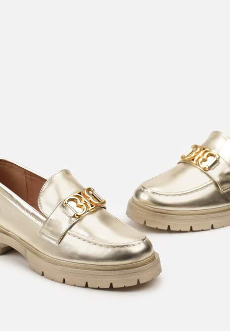 Złote Eleganckie Mokasyny Ozdobione Klamerką i Przeszyciem z Przodu Nastra
