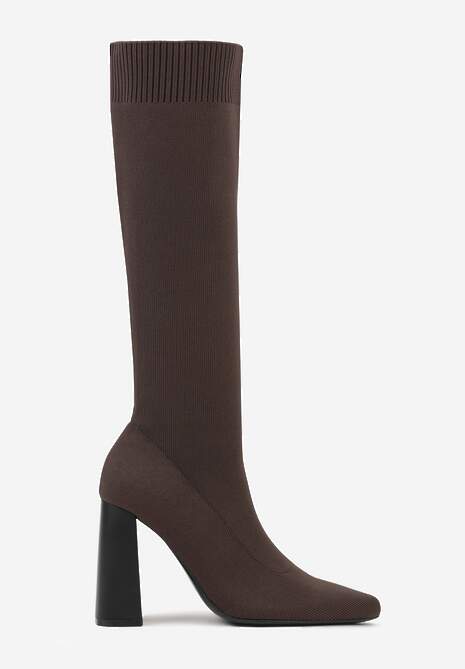 Brązowe Kozaki VICES na Słupku ze Skarpetkową Cholewką Zevona